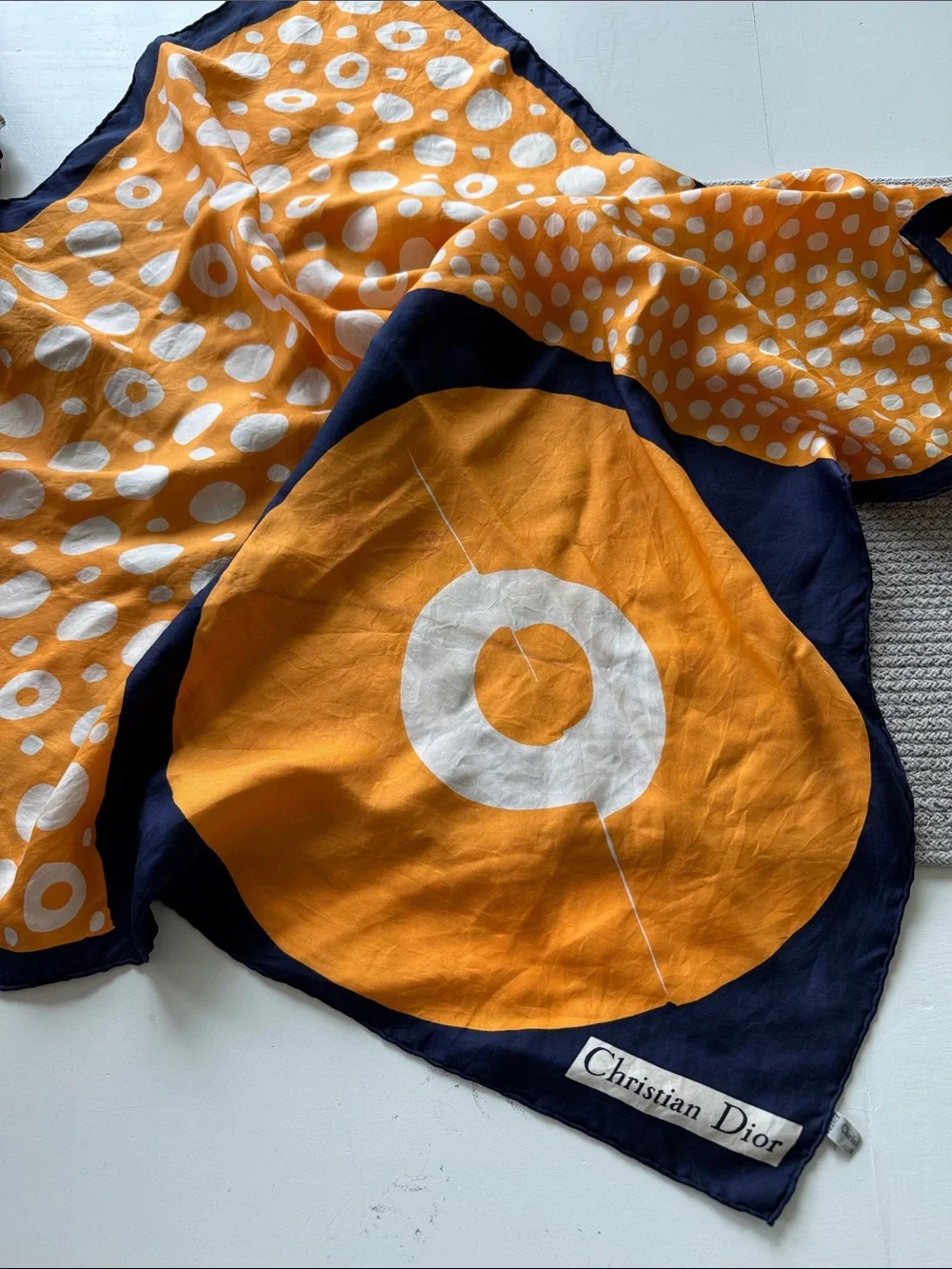 Christian Dior Orange White Navy Blue Polka Dot Silk Scarf 30” Sq
